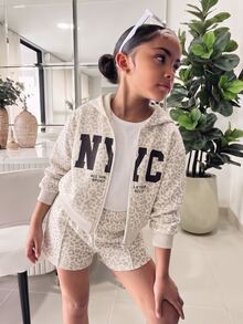 SHEIN 女童休閒杏色豹紋連帽衛衣外套，Y2K風格，街頭風，復古，返校季，秋冬休閒，女童休閒，秋冬，校園風，鄉村風，嘻哈，豹紋長袖上衣，衛衣外套 - 杏色 - 查看 4