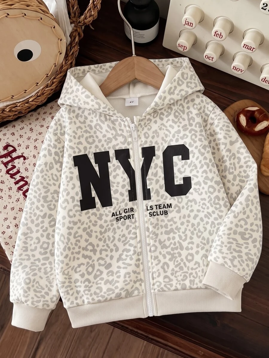 SHEIN 女童休閒杏色豹紋連帽衛衣外套，Y2K風格，街頭風，復古，返校季，秋冬休閒，女童休閒，秋冬，校園風，鄉村風，嘻哈，豹紋長袖上衣，衛衣外套 - 杏色 - 查看 1