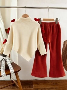 SHEIN 女童 2 件組秋季套裝，領口長袖不對稱下擺上衣，飾有棕紫色蝴蝶結，搭配長褲，返校穿搭衣著 - 彩色 - 查看 2