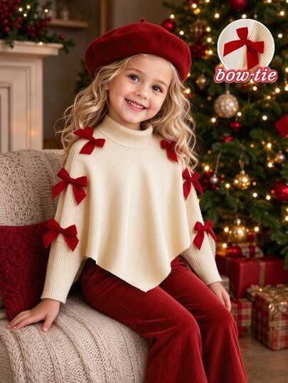 SHEIN Elladie kids Conjunto de 2 piezas para niñas jóvenes, top de manga larga con cuello y dobladillo asimétrico decorado con lazos marrones y morados, y pantalones, ropa para volver a la escuela