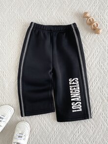 SHEIN 1件幼童男童運動長褲 黑色白色字母印花側條紋 鬆緊腰帶 常規版 生日派對 秋冬春季 寬鬆工裝街頭風 - 黑色 - 查看 1