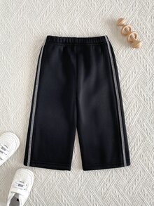 SHEIN 1件幼童男童運動長褲 黑色白色字母印花側條紋 鬆緊腰帶 常規版 生日派對 秋冬春季 寬鬆工裝街頭風 - 黑色 - 查看 2
