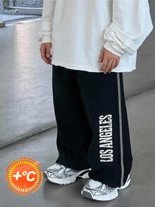 SHEIN 1件幼童男童運動長褲 黑色白色字母印花側條紋 鬆緊腰帶 常規版 生日派對 秋冬春季 寬鬆工裝街頭風 - 黑色 - 查看 3