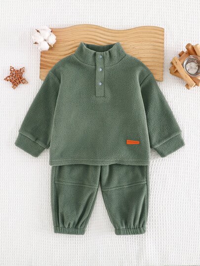 SHEIN Playful Pals Set de 2 piezas de sudadera con media cremallera de manga larga y pantalones de felpa con cintura elástica para bebé niño, adecuado para ir y venir, escuela, casual, deportes, hogar, 6M-3T, ropa de bebé niño, ropa de bebé, conjunto de bebé niño, conjunto de invierno de bebé niño, conjunto de felpa de bebé niño, conjunto de dos piezas de bebé, Cozy Pixies, conjunto de ropa de invierno para bebé niño, conjuntos de bebé niño, atuendos de otoño para niño, ropa de niño/bebé, ropa de bebé niño, conjuntos casuales de bebé, conjunto de invierno de bebé niño