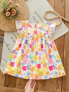 SHEIN Baby Girl Toddler/Newborn 0-3 Years Spring/Summer Casual Cute Sweet Graphic Cap Sleeve Dress, Versatile For Daily Wear & Outings - Multicolor - View 4