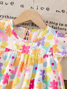 SHEIN Baby Girl Toddler/Newborn 0-3 Years Spring/Summer Casual Cute Sweet Graphic Cap Sleeve Dress, Versatile For Daily Wear & Outings - Multicolor - View 9