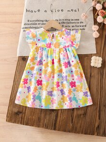 SHEIN Baby Girl Toddler/Newborn 0-3 Years Spring/Summer Casual Cute Sweet Graphic Cap Sleeve Dress, Versatile For Daily Wear & Outings - Multicolor - View 3