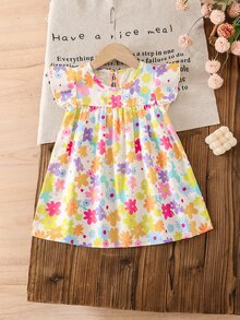 SHEIN Baby Girl Toddler/Newborn 0-3 Years Spring/Summer Casual Cute Sweet Graphic Cap Sleeve Dress, Versatile For Daily Wear & Outings - Multicolor - View 5