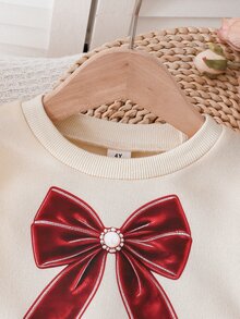 SHEIN Playful Pals 女童酒紅色蝴蝶結裝飾圓領套頭長袖優雅時尚洋裝，網紗下擺，清新優雅可愛甜美，適合秋冬聖誕新年派對穿著 - 紅色 - 查看 6