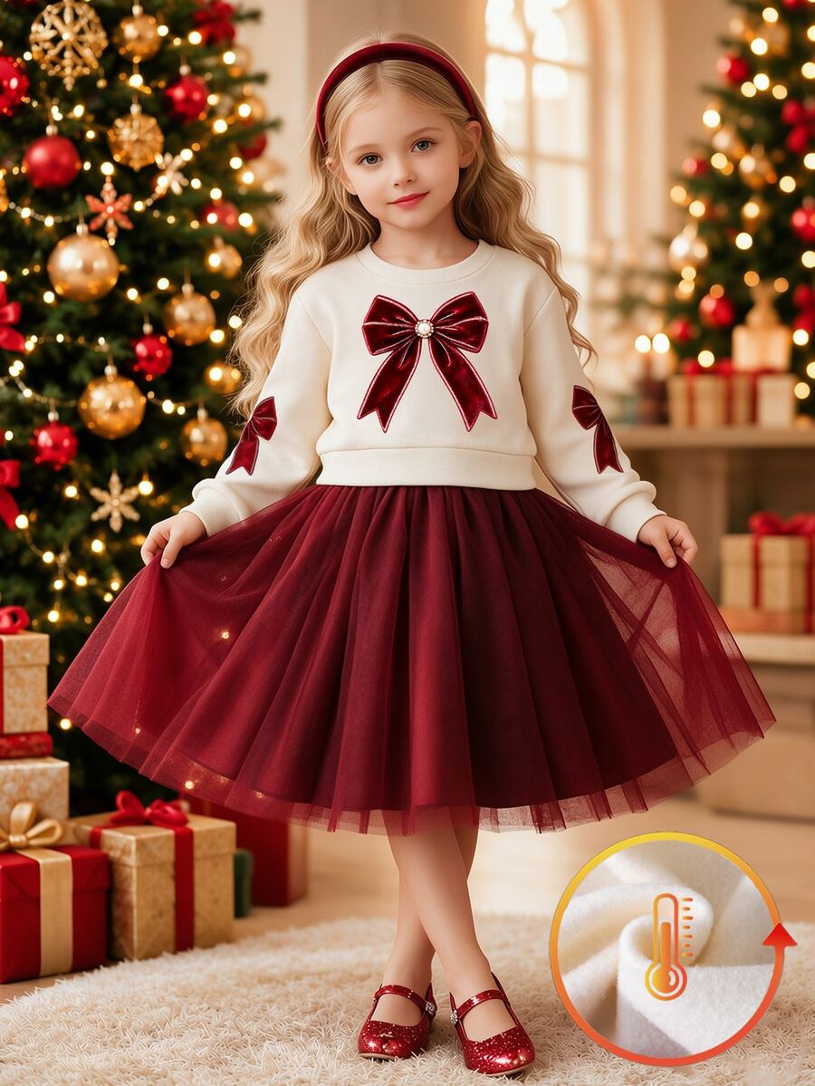 SHEIN Playful Pals 女童酒紅色蝴蝶結裝飾圓領套頭長袖優雅時尚洋裝,網紗下擺,清新優雅可愛甜美,適合秋冬聖誕新年派對穿著 - 紅色 - 查看 1