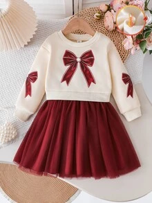 SHEIN Playful Pals 女童酒紅色蝴蝶結裝飾圓領套頭長袖優雅時尚洋裝，網紗下擺，清新優雅可愛甜美，適合秋冬聖誕新年派對穿著 - 紅色 - 查看 5