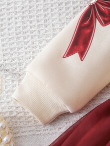 SHEIN Playful Pals 女童酒紅色蝴蝶結裝飾圓領套頭長袖優雅時尚洋裝，網紗下擺，清新優雅可愛甜美，適合秋冬聖誕新年派對穿著 - 紅色 - 查看 7