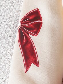 SHEIN Playful Pals 女童酒紅色蝴蝶結裝飾圓領套頭長袖優雅時尚洋裝，網紗下擺，清新優雅可愛甜美，適合秋冬聖誕新年派對穿著 - 紅色 - 查看 10
