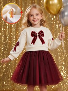 SHEIN Playful Pals 女童酒紅色蝴蝶結裝飾圓領套頭長袖優雅時尚洋裝，網紗下擺，清新優雅可愛甜美，適合秋冬聖誕新年派對穿著 - 紅色 - 查看 4