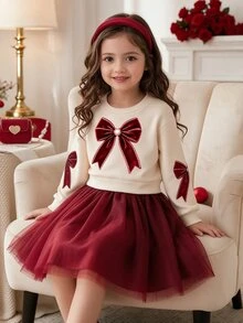 SHEIN Playful Pals 女童酒紅色蝴蝶結裝飾圓領套頭長袖優雅時尚洋裝，網紗下擺，清新優雅可愛甜美，適合秋冬聖誕新年派對穿著 - 紅色 - 查看 3