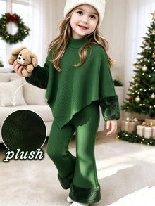 SHEIN 女童 2 件組聖誕套裝 綠色高領不對稱披肩上衣 附毛絨袖口 喇叭褲套裝 節日情侶裝/親子裝 長袖上衣 - 墨綠色 - 查看 4