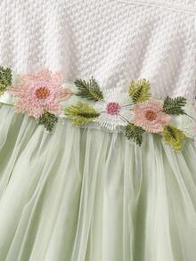 SHEIN Elladie kids 年轻女孩婚礼季节女孩白色公主裙配腰带，短袖A字泡泡袖连衣裙，婚礼花童裙，节日连衣裙 - 薄荷綠 - 查看 5