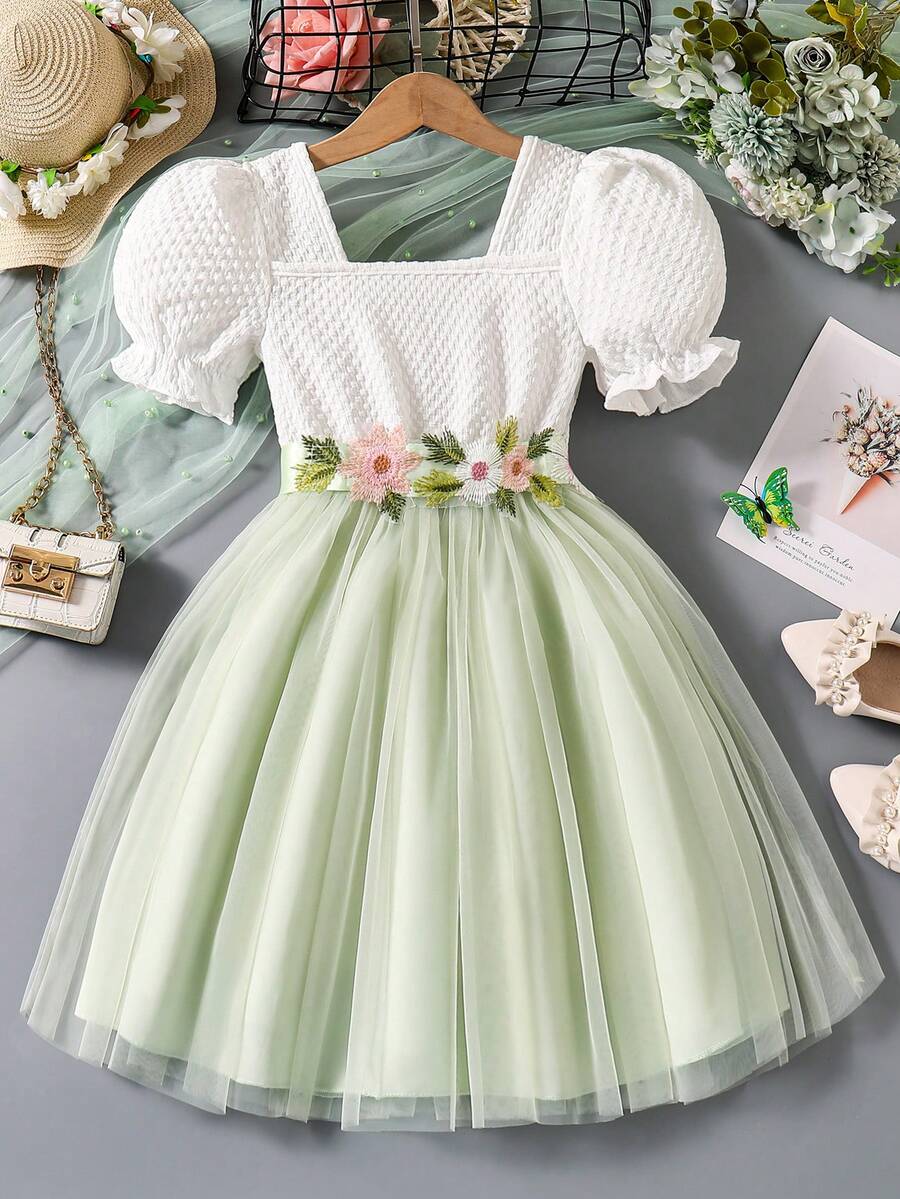 SHEIN Elladie kids 年轻女孩婚礼季节女孩白色公主裙配腰带,短袖A字泡泡袖连衣裙,婚礼花童裙,节日连衣裙 - 薄荷綠 - 查看 1