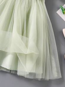 SHEIN Elladie kids 年轻女孩婚礼季节女孩白色公主裙配腰带，短袖A字泡泡袖连衣裙，婚礼花童裙，节日连衣裙 - 薄荷綠 - 查看 4