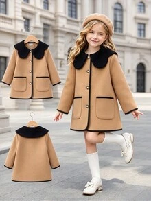 Elladie kids Girls' Khaki Overcoat With Black Oversized Peter Pan Collar, Pearl Trim Buttons And Pockets, Loose Fit For Comfortable Everyday Wear Chic Autumn - Khaki - View 3