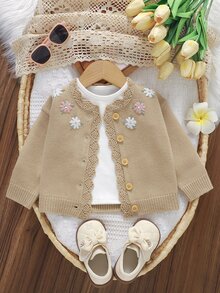 SHEIN 女嬰米色長袖圓領花卉刺繡前開扣針織開襟衫 - 棕色 - 查看 6