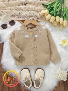 SHEIN 女嬰米色長袖圓領花卉刺繡前開扣針織開襟衫 - 棕色 - 查看 8