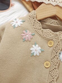 SHEIN 女嬰米色長袖圓領花卉刺繡前開扣針織開襟衫 - 棕色 - 查看 7