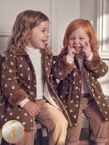 SHEIN 女嬰秋冬加厚抓絨復古印花中長款外套 0-3歲 女嬰毛絨領結收腰中長洋裝 - 棕色 - 查看 5