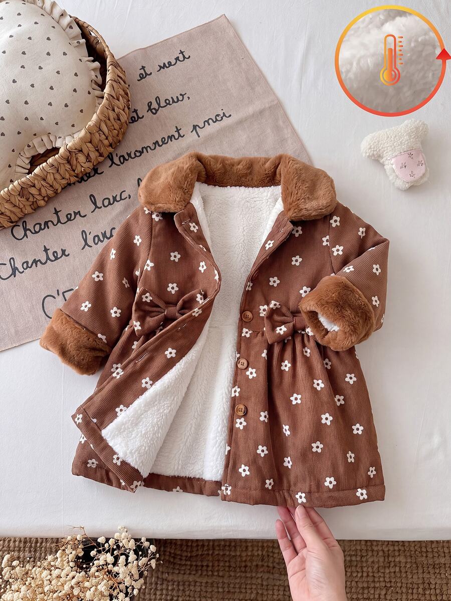 SHEIN 女嬰秋冬加厚抓絨復古印花中長款外套 0-3歲 女嬰毛絨領結收腰中長洋裝 - 棕色 - 查看 1