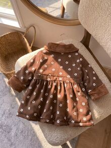 SHEIN 女嬰秋冬加厚抓絨復古印花中長款外套 0-3歲 女嬰毛絨領結收腰中長洋裝 - 棕色 - 查看 2