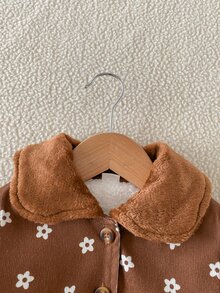 SHEIN 女嬰秋冬加厚抓絨復古印花中長款外套 0-3歲 女嬰毛絨領結收腰中長洋裝 - 棕色 - 查看 6