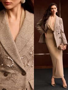 MOTF PREMIUM WOMEN'S AUTUMN/WINTER WOOL BLEND DOUBLE-BREASTED BLAZER WITH JEWELED EMBROIDERY DECORATION - Khaki - View 2