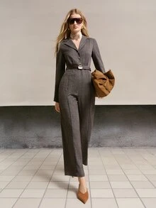 MOTF PREMIUM WOMEN'S ELEGANT AUTUMN/WINTER JUMPSUIT WITH MOTTLED PATTERN, COLLAR, BUTTON HALF-PLACKET AND LONG SLEEVES - Khaki - View 6