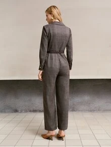 MOTF PREMIUM WOMEN'S ELEGANT AUTUMN/WINTER JUMPSUIT WITH MOTTLED PATTERN, COLLAR, BUTTON HALF-PLACKET AND LONG SLEEVES - Khaki - View 3