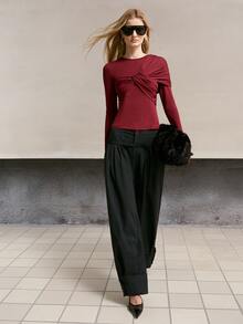 MOTF PREMIUM WOMEN'S PLEATED FRONT CASUAL COMMUTE T-SHIRT - Burgundy - View 4
