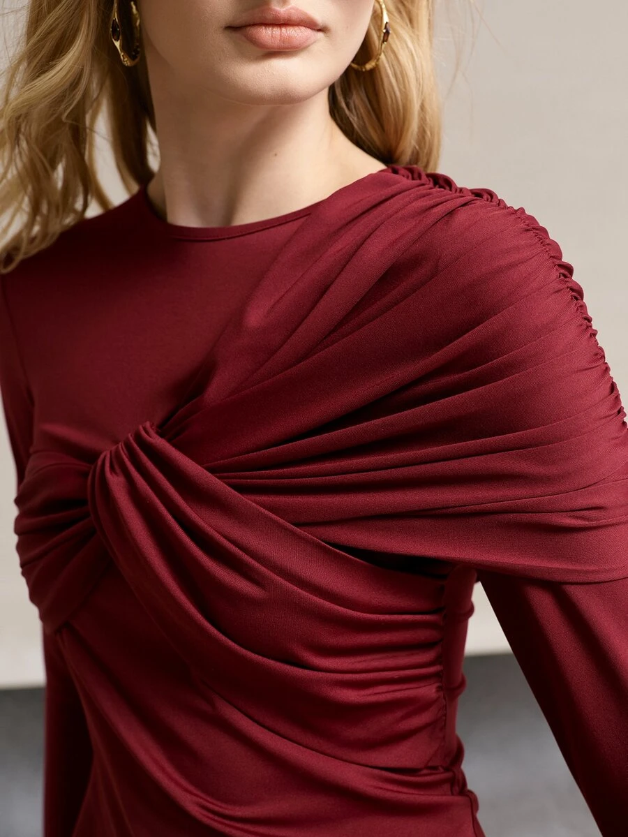 MOTF PREMIUM WOMEN'S PLEATED FRONT CASUAL COMMUTE T-SHIRT - Burgundy - View 1