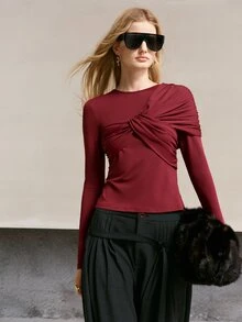 MOTF PREMIUM WOMEN'S PLEATED FRONT CASUAL COMMUTE T-SHIRT - Burgundy - View 6