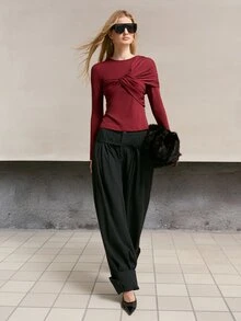 MOTF PREMIUM WOMEN'S PLEATED FRONT CASUAL COMMUTE T-SHIRT - Burgundy - View 3