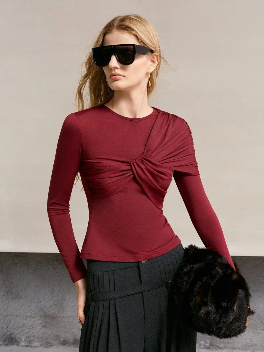 MOTF PREMIUM WOMEN'S PLEATED FRONT CASUAL COMMUTE T-SHIRT - Burgundy - View 2