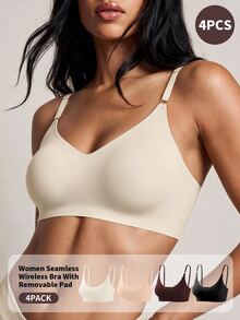 Barelissa Women Seamless V-Neck Removable Pad Wireless Bra Full Coverage T-Shirt Comfort 4 Pack Everyday Wear - Multicolor - View 3