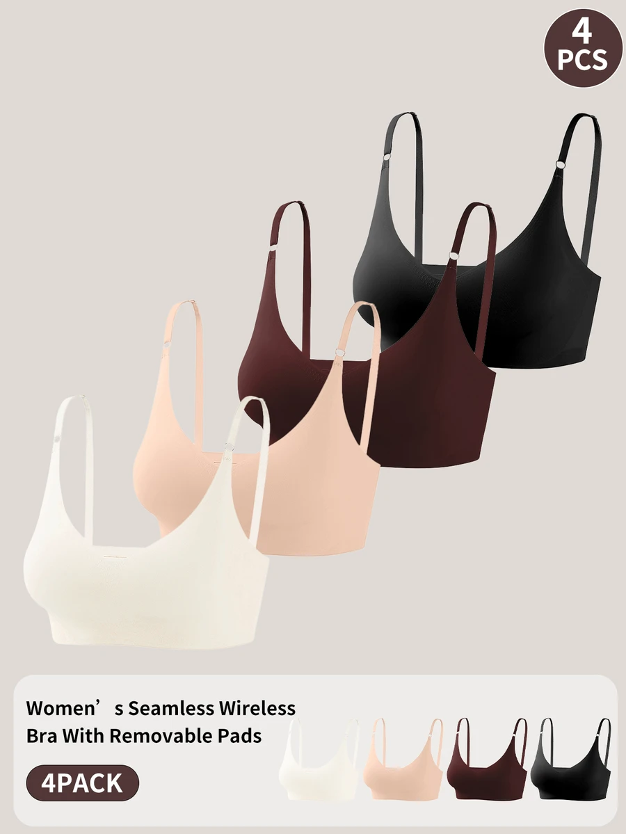 Barelissa Women Seamless V-Neck Removable Pad Wireless Bra Full Coverage T-Shirt Comfort 4 Pack Everyday Wear - Multicolor - View 1
