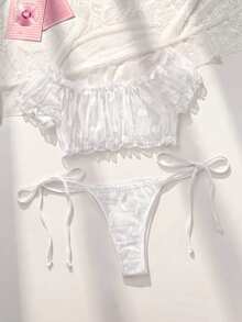 SHEIN 2pcs Lace Women's Wireless Bra & Thong Set (Wedding Season) - White - View 3