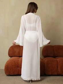 HautHeat Women's French Sweet Contrast Lace Waist Tie Semi-Sheer Long Nightgown - White - View 2