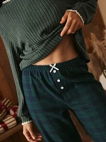 Lullawish Women's Vintage Casual Ribbed Top And Plaid Long Pants Pajama Set - Green - View 3