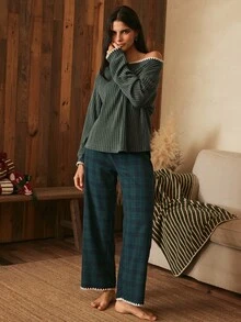 Lullawish Women's Vintage Casual Ribbed Top And Plaid Long Pants Pajama Set - Green - View 4