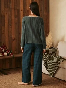 Lullawish Women's Vintage Casual Ribbed Top And Plaid Long Pants Pajama Set - Green - View 2