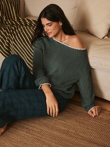 Lullawish Women's Vintage Casual Ribbed Top And Plaid Long Pants Pajama Set - Green - View 7