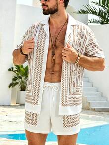 Manfinity VDAYZ Men's Brown Paisley Print Short Sleeve Loose Brown Shirt And Shorts Beach Outfit, Summer Holiday Style - Brown - View 7