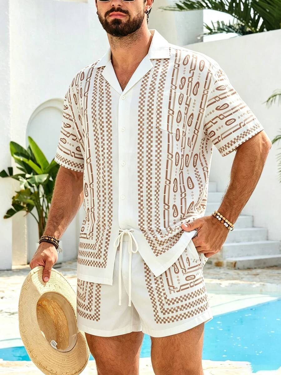 Manfinity VDAYZ Men's Brown Paisley Print Short Sleeve Loose Brown Shirt And Shorts Beach Outfit, Summer Holiday Style - Brown - View 1
