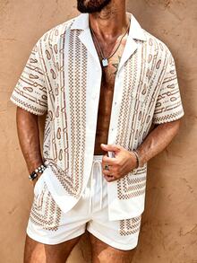 Manfinity VDAYZ Men's Brown Paisley Print Short Sleeve Loose Brown Shirt And Shorts Beach Outfit, Summer Holiday Style - Brown - View 2